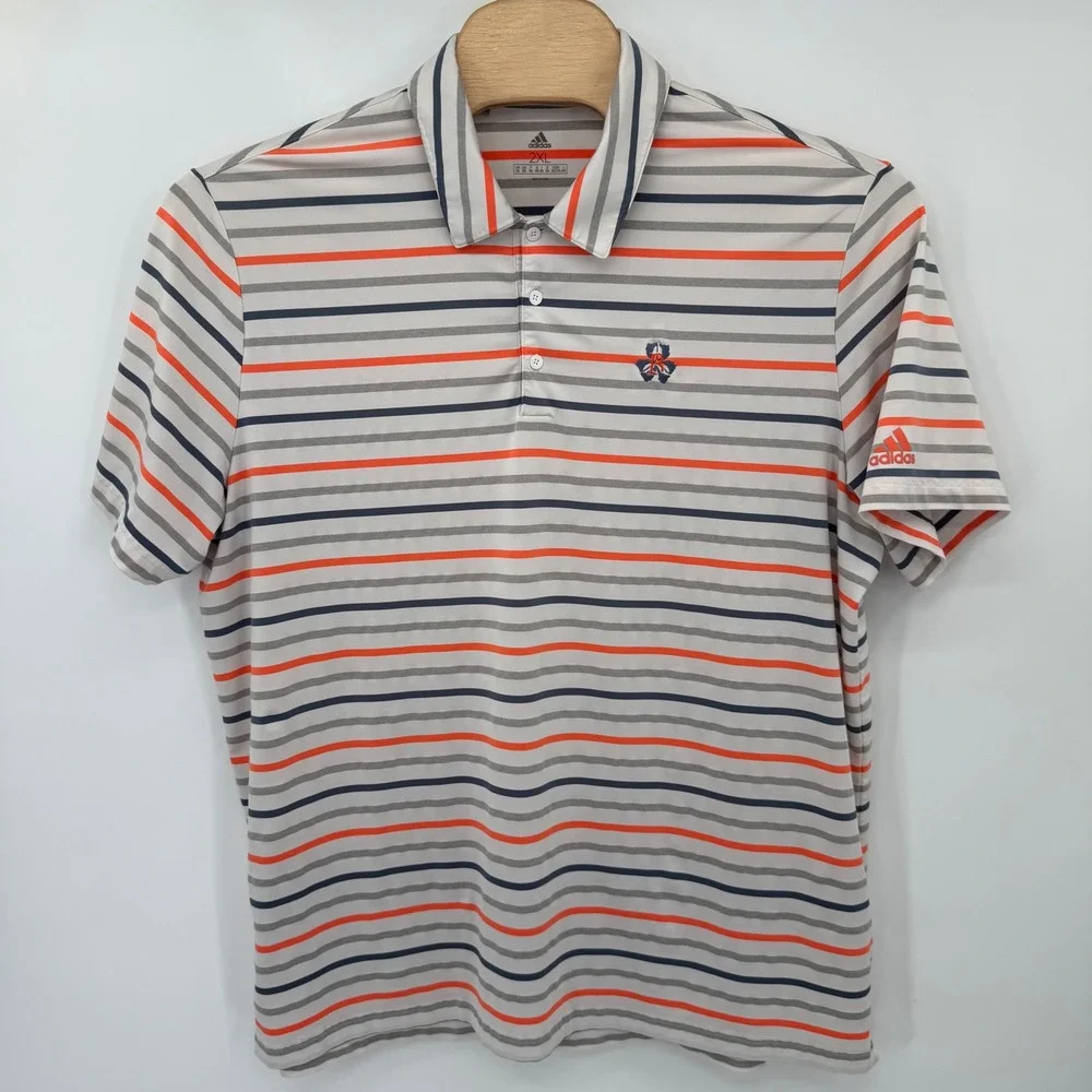 Adidas Polo Shirt Men 2XL White Orange Striped Golf Performance Short Sleeve